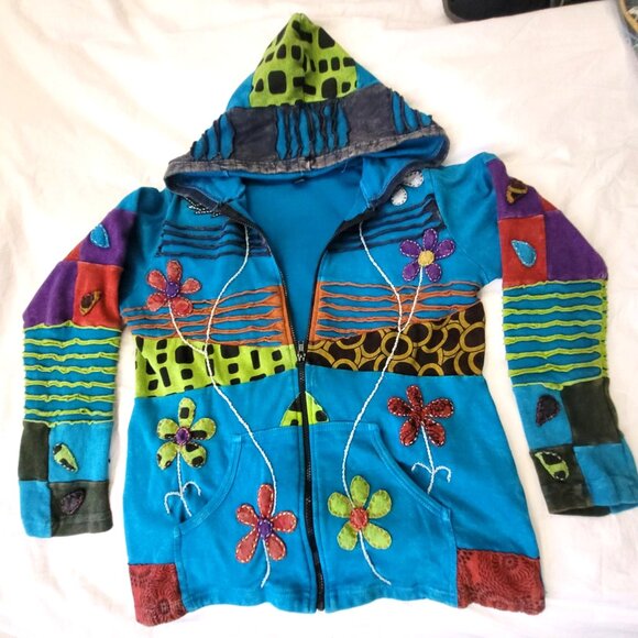 Womans Colorful Embroidered Floral and Design Patchwork Hoodie Size MD NEW Zip - Picture 6 of 6